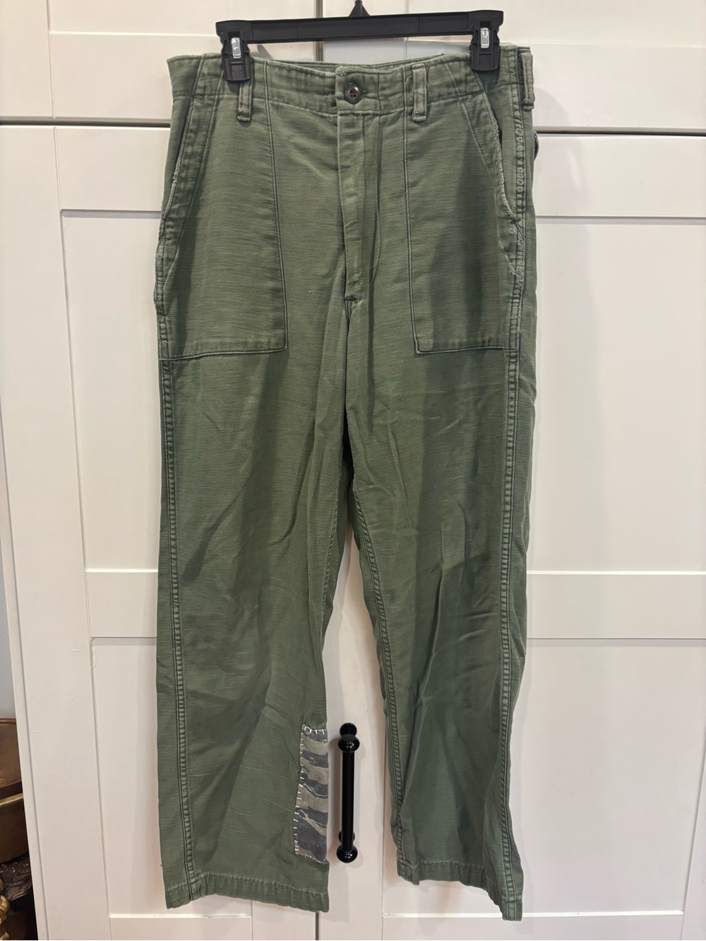 Men's Vintage Military Olive Green Utility Pants with camo patch
